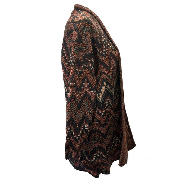 Lucky Brand Long Ikat‎ Cardigan Knit Sweater Black Maroon Wool Acrylic Medium - Picture 4 of 11